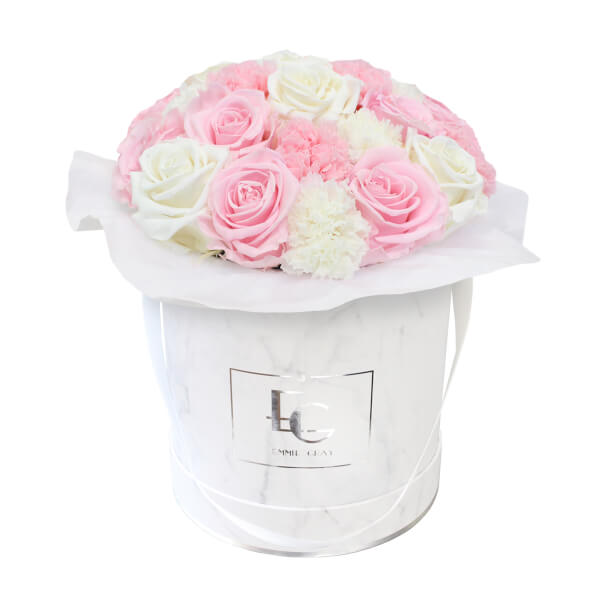 SPLENDID CARNATION MIX INFINITY ROSEBOX | BRIDAL PINK & PURE WHITE | M