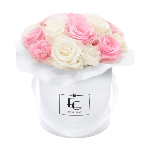 SPLENDID CARNATION MIX INFINITY ROSEBOX | BRIDAL PINK & PURE WHITE | S