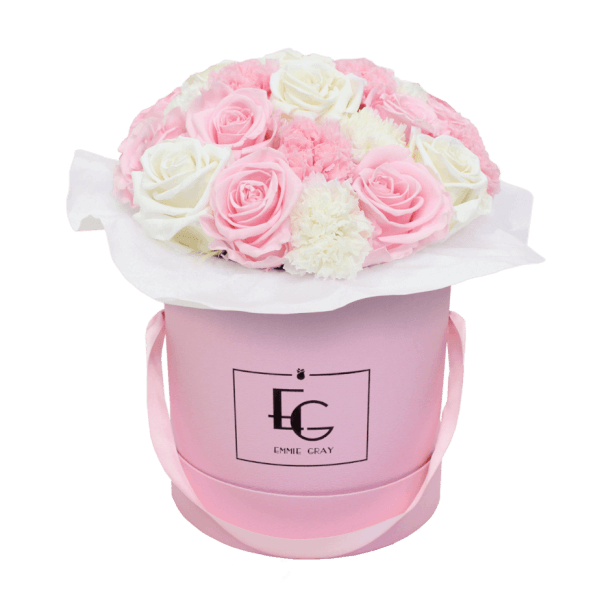 SPLENDID CARNATION MIX INFINITY ROSEBOX | BRIDAL PINK & PURE WHITE | M